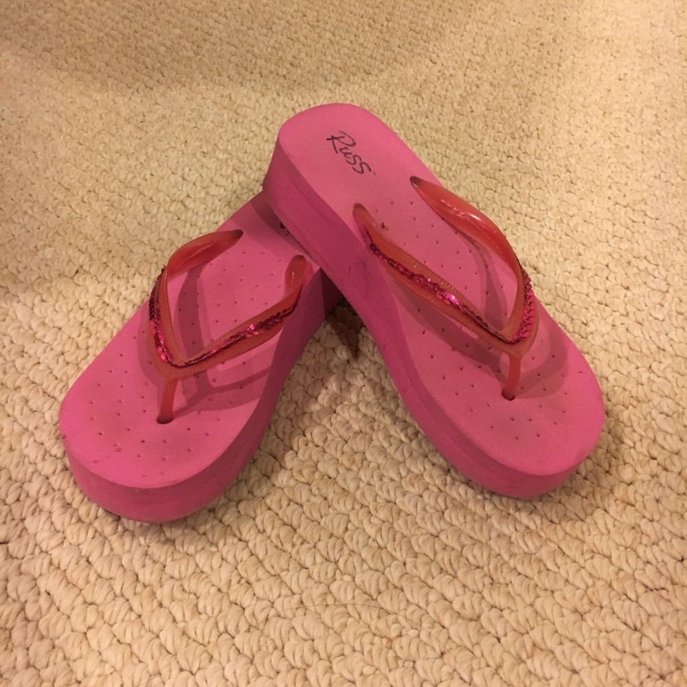 Hot pink sequined wedge flip flops